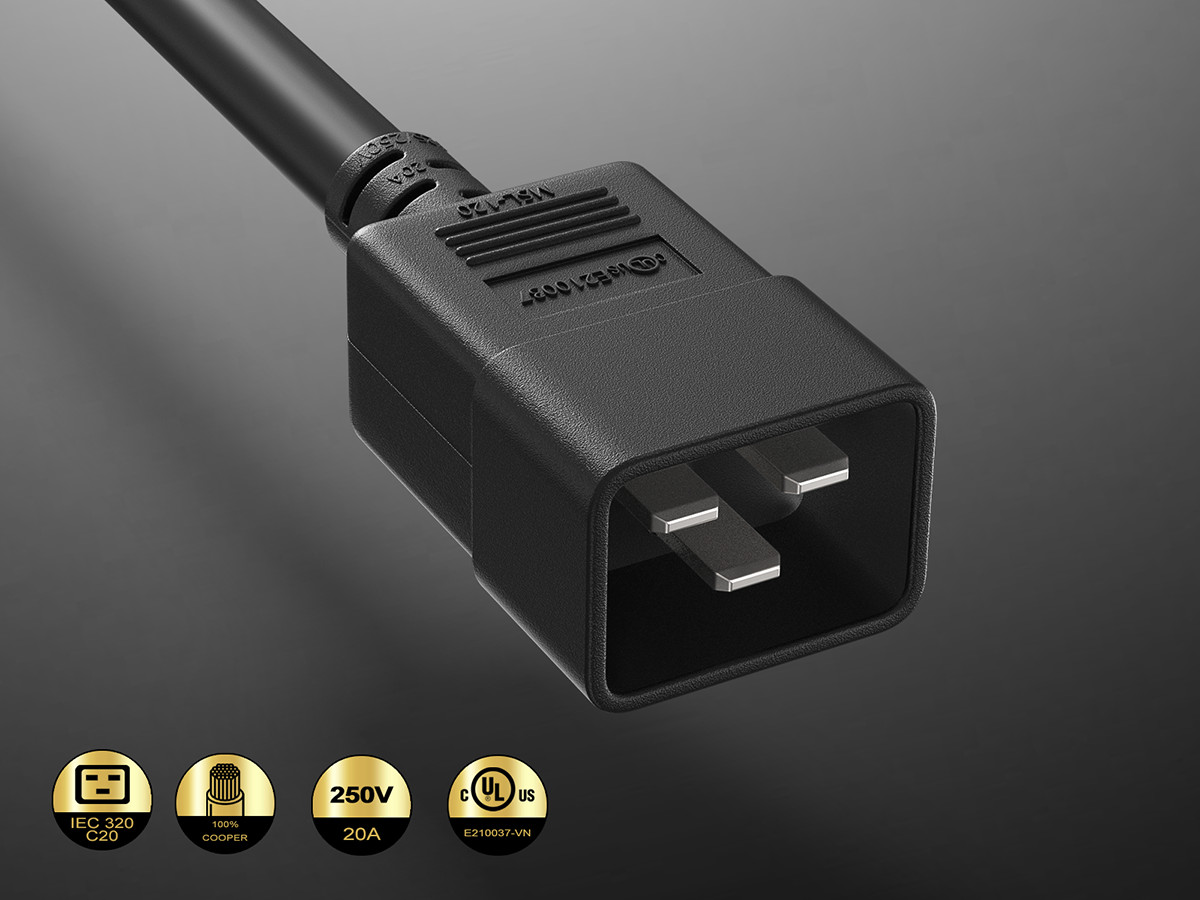 3ft C20 to Left Angle C19 Power Cord 12AWG 20A/250V UL, Black
