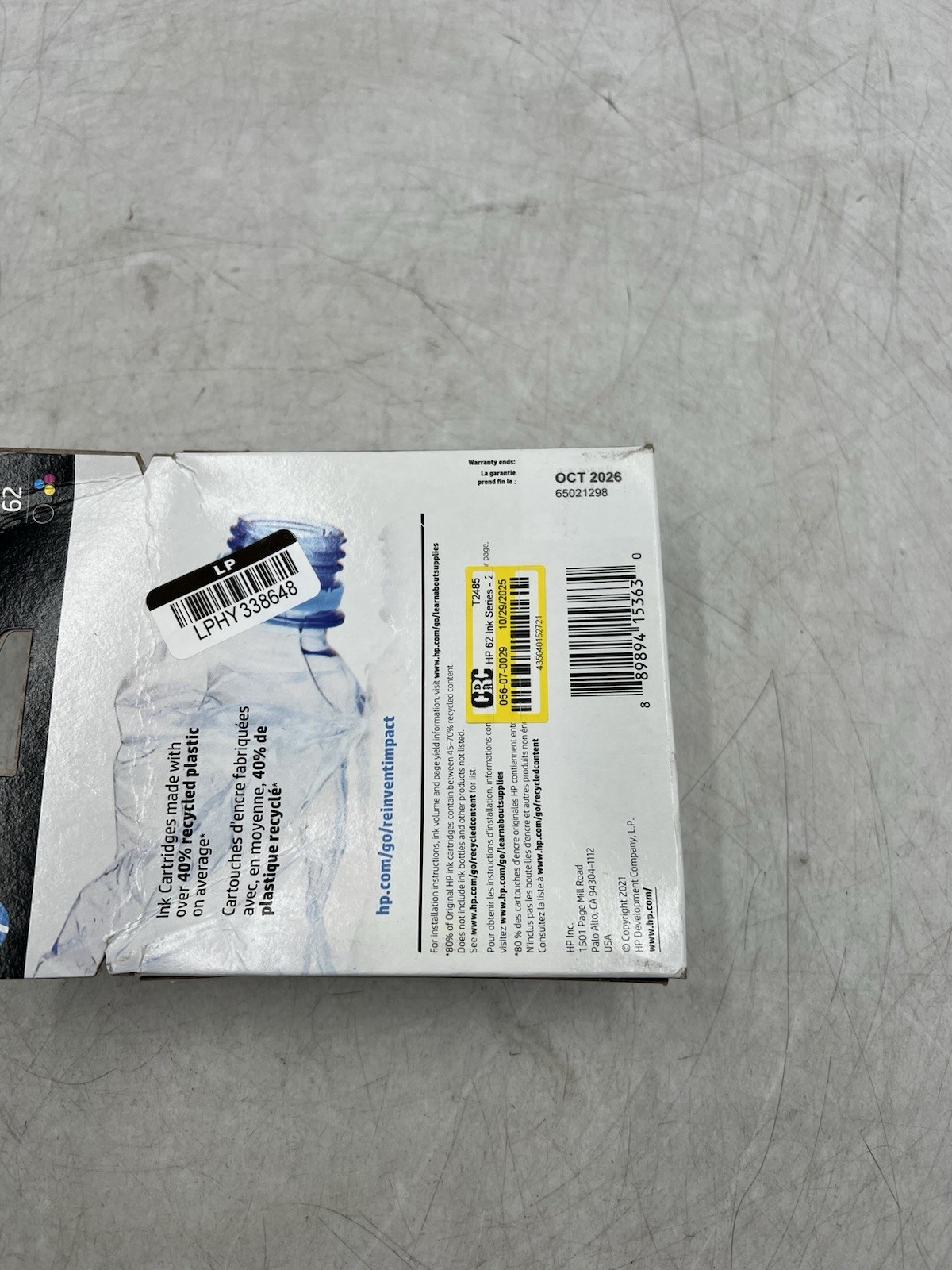HP 62 Black & Tri Color Ink Cartridges Exp 10/2026