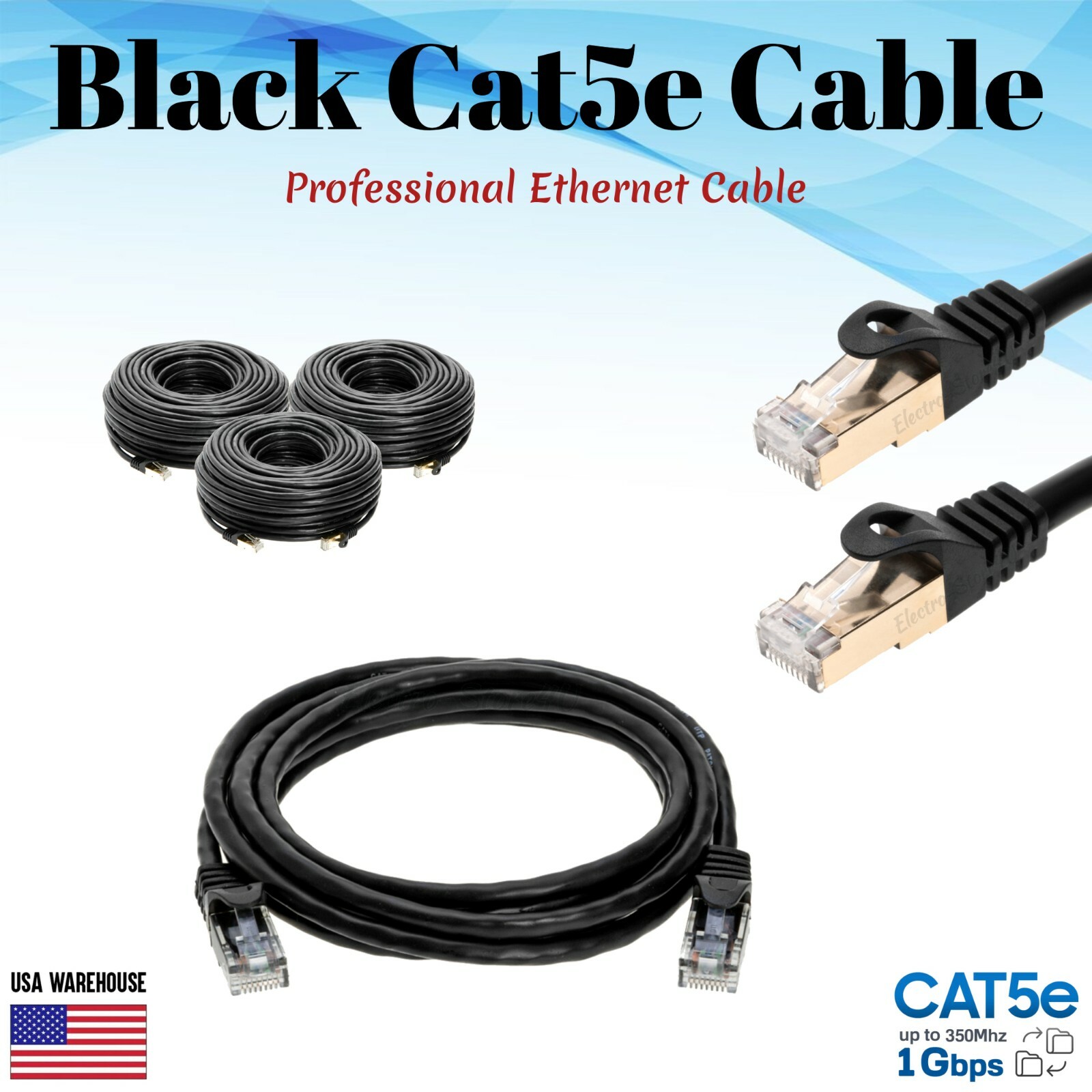 Cat5e Ethernet Patch Cable Black 1.5 3 5 6 7 10 15 20 25 30 50 75 100 200 FT Lot