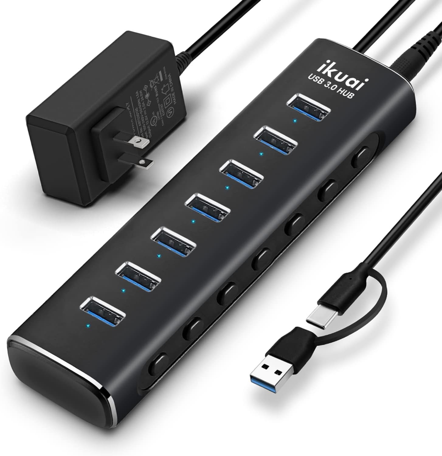 Powered USB 3.0/USB C Hub, Aluminium 7-Port USB Hub Splitter with AC Adapter LED