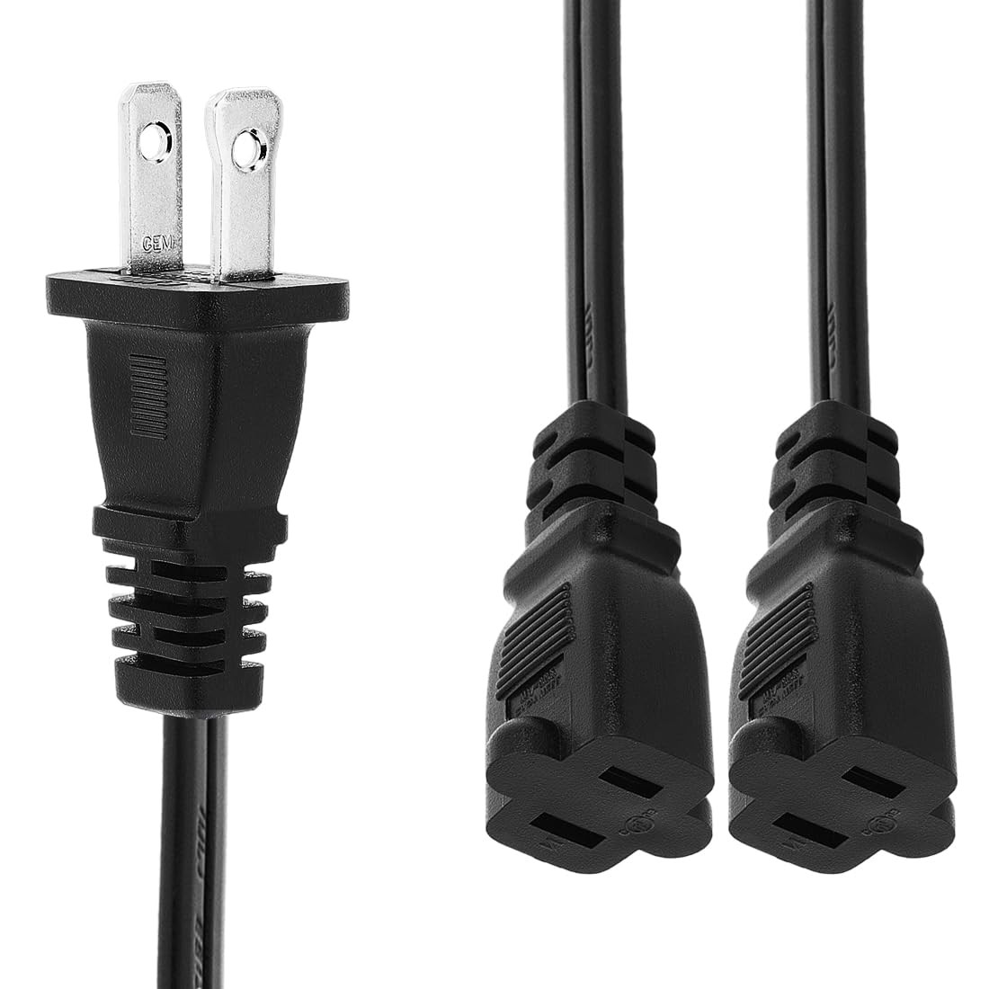 2-Prong Nema 1-15P to Dual 1-15R Female Y Splitter Extension Cord, 1.6FT