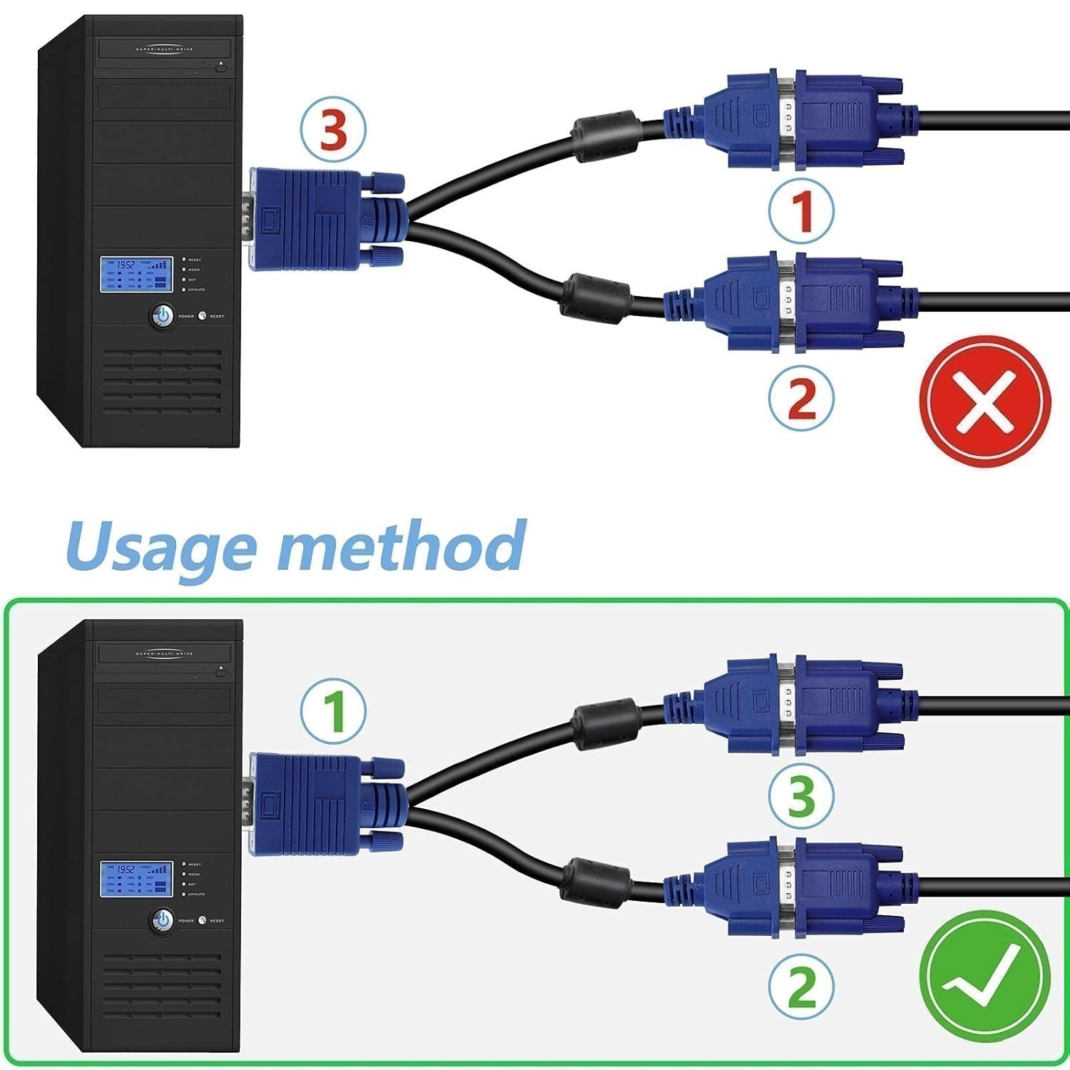 1 pc To 2 VGA SVGA MONITOR Male to 2 Dual Female Y Adapter Splitter Cable 15 PIN