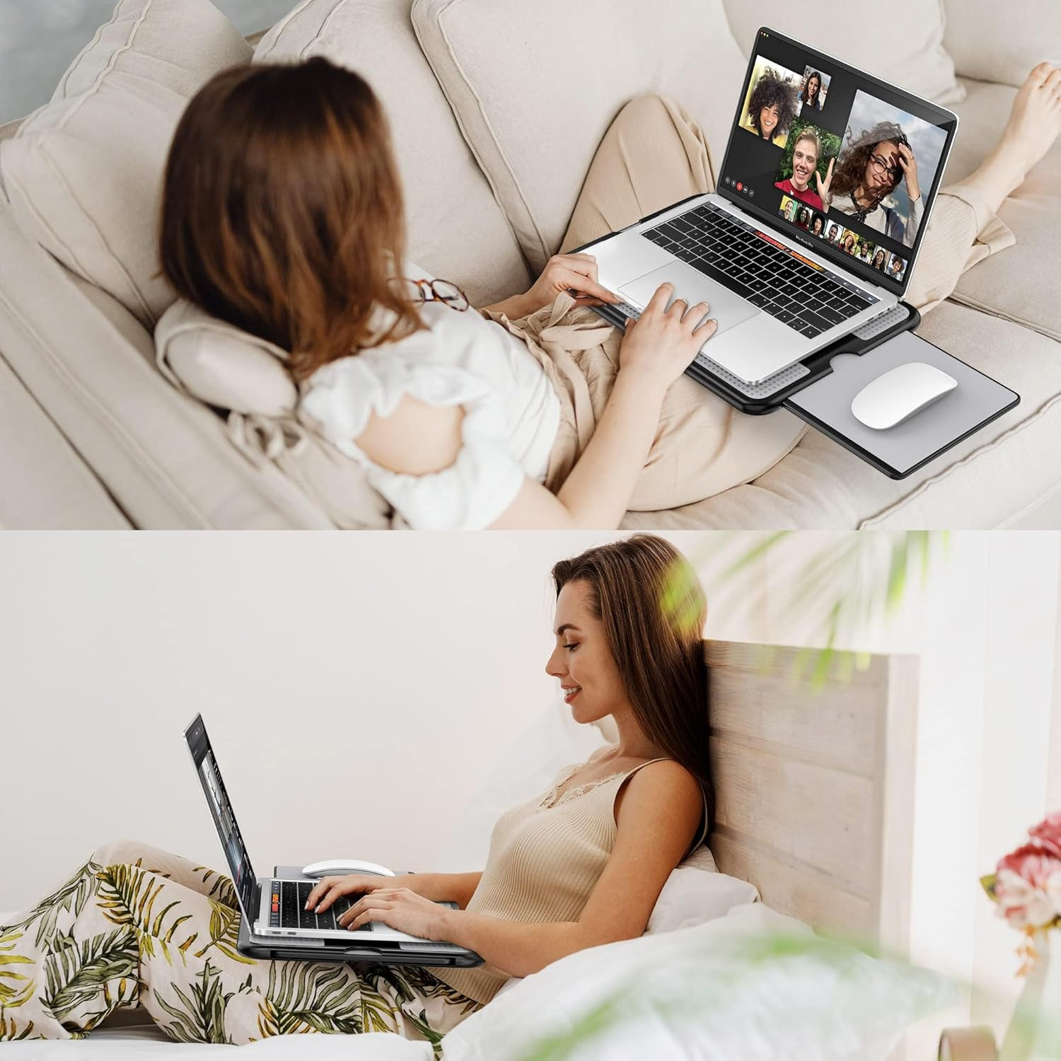 Portable Laptop Lap Desk W/Retractable Left/Right Mouse Pad Tray, Non-Slip Heat