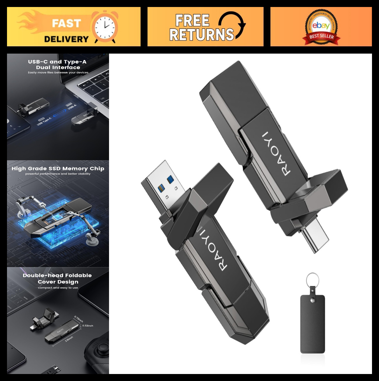 256GB USB C External SSD, 2-in-1 Portable Solid State Drive, 450MB/s Dual USB 3.