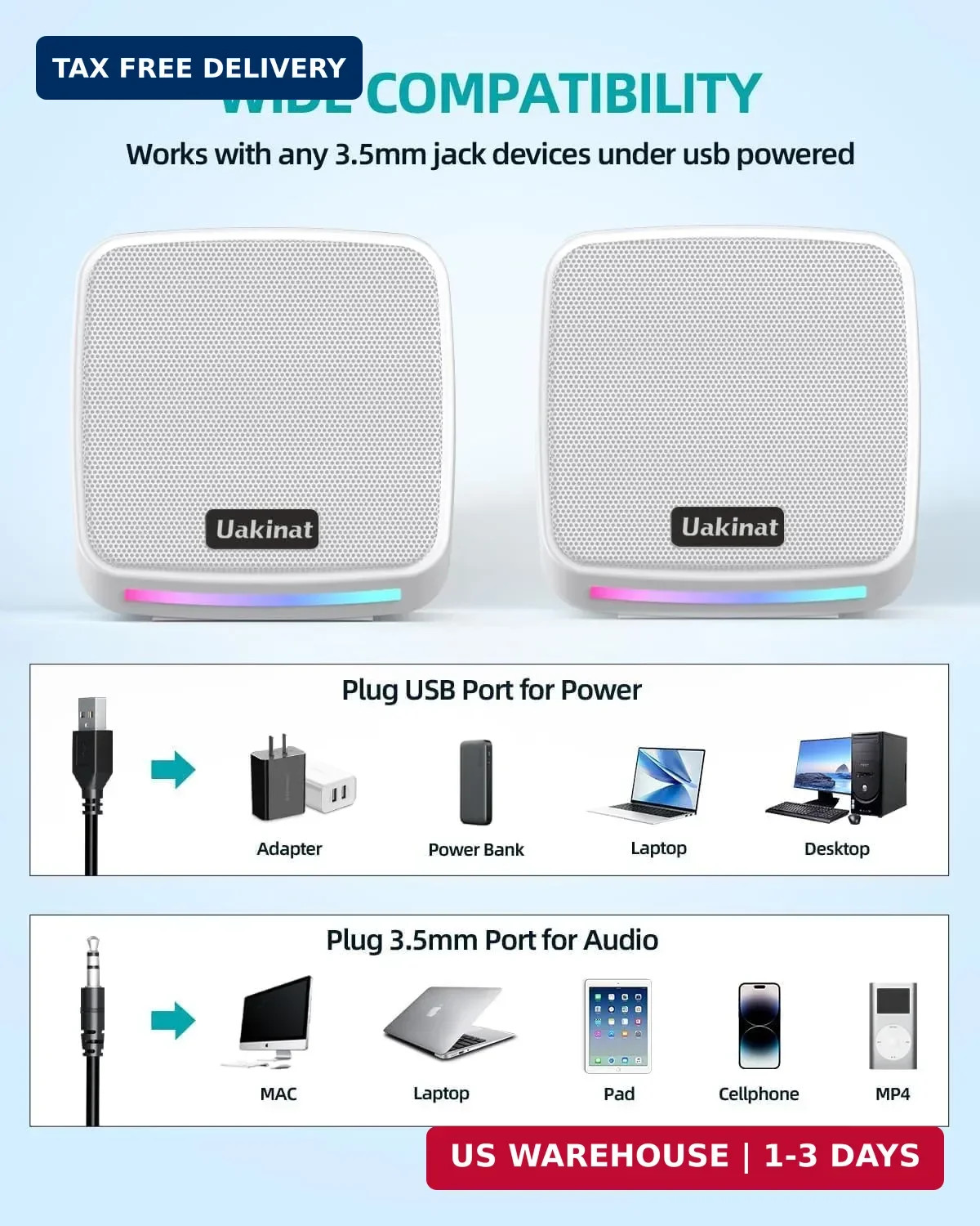 White USB Computer Speakers Desktop PC Laptop Tablet Phone 3.5mm Aux