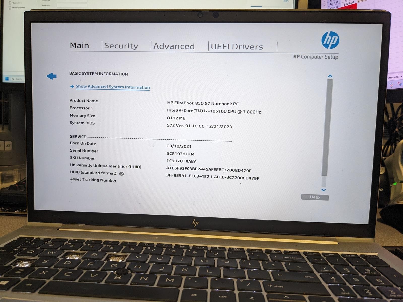 HP ELITEBOOK 850 G7 i7-10510U @ 1.80GHz, 8GB RAM, NO HDD/OS – (FOR PARTS)