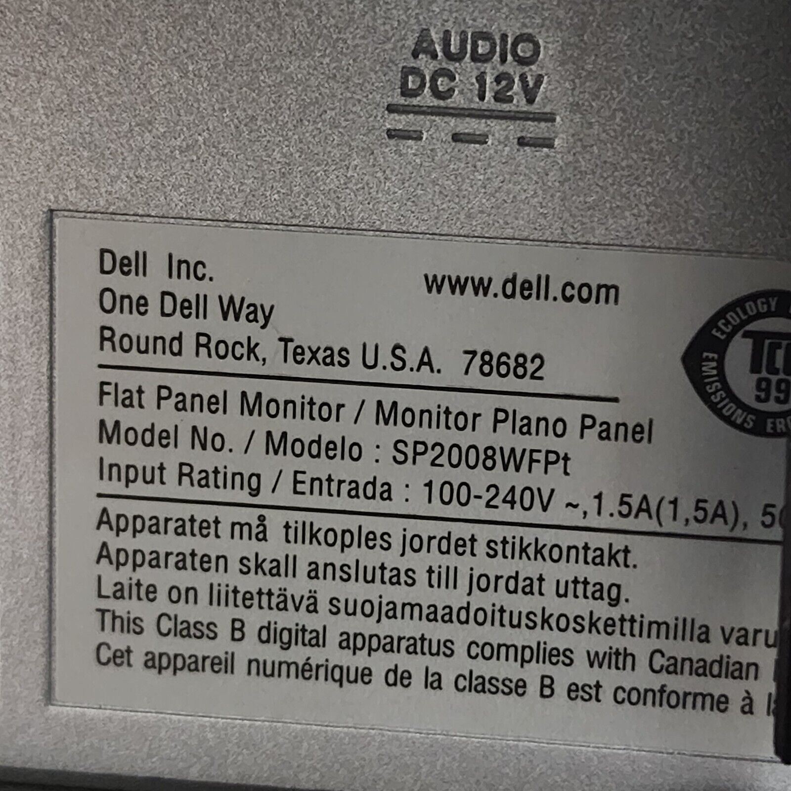 Dell SP2008WFPt 20″ Black/Silver Desktop Flat Panel LCD Display Monitor *Tested*