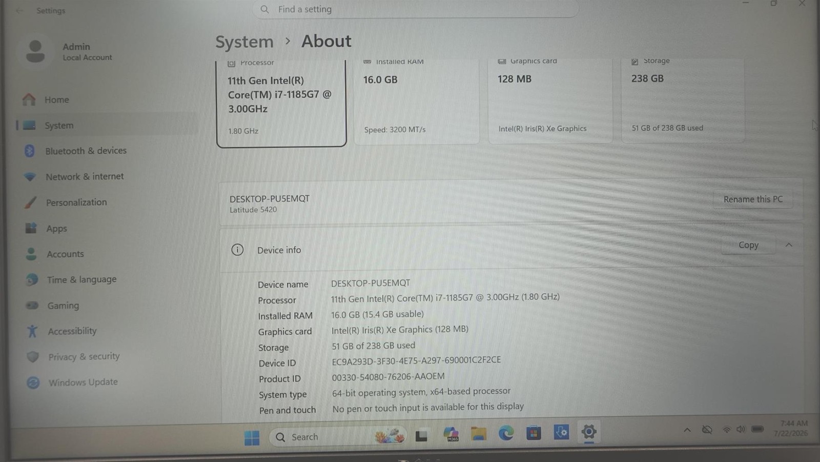 Dell Latitude 5420 14″ Intel Core I7-1185G7 3.00GHz 16GB 256GB SSD Laptop