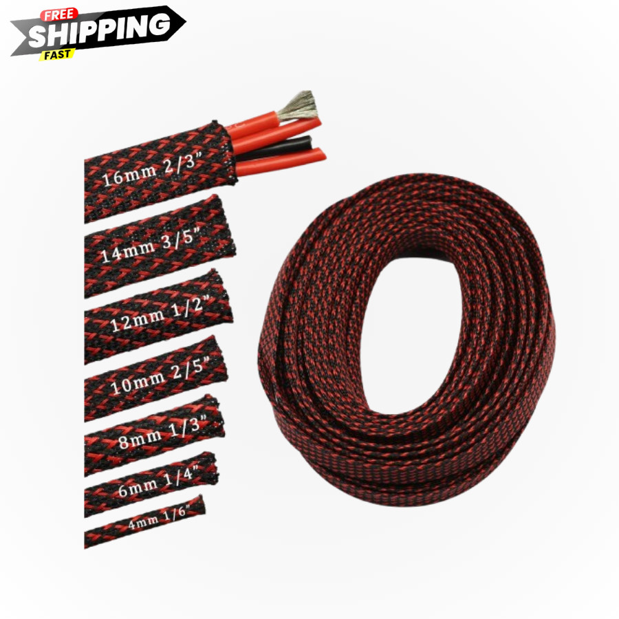 30ft PET Expandable Sleeving Wire Cable Sleeve 1/2, RedBlack
