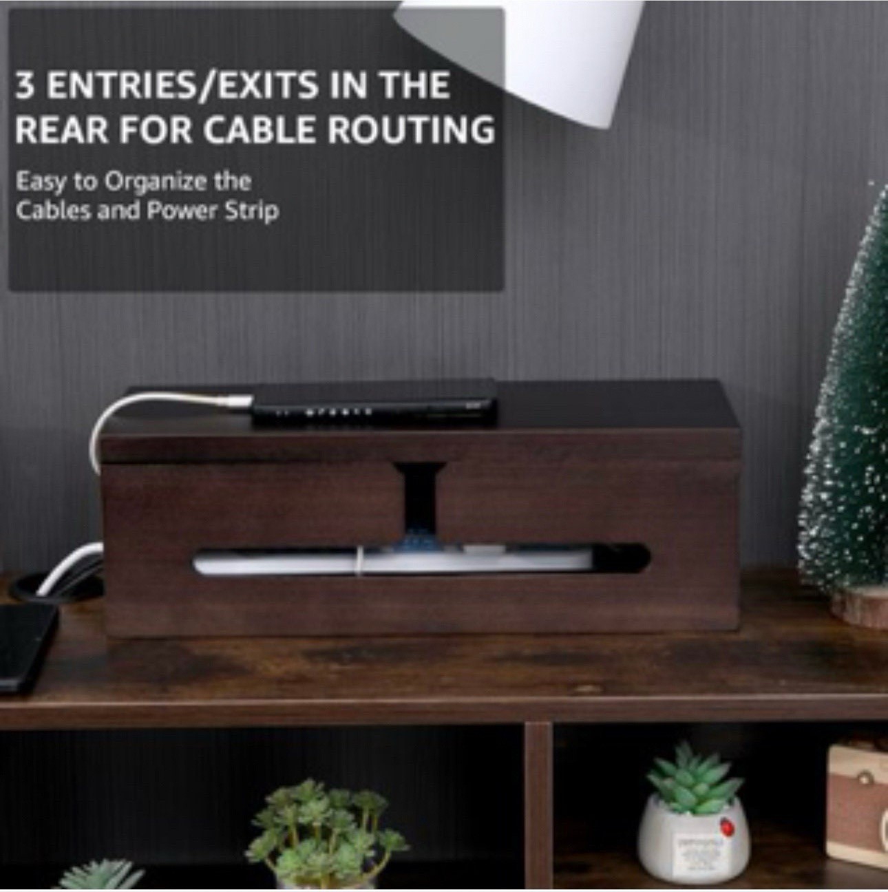 Dark Brown Wood Cable Minimalist Organizer Management Box, Wood Cord Desk Cable