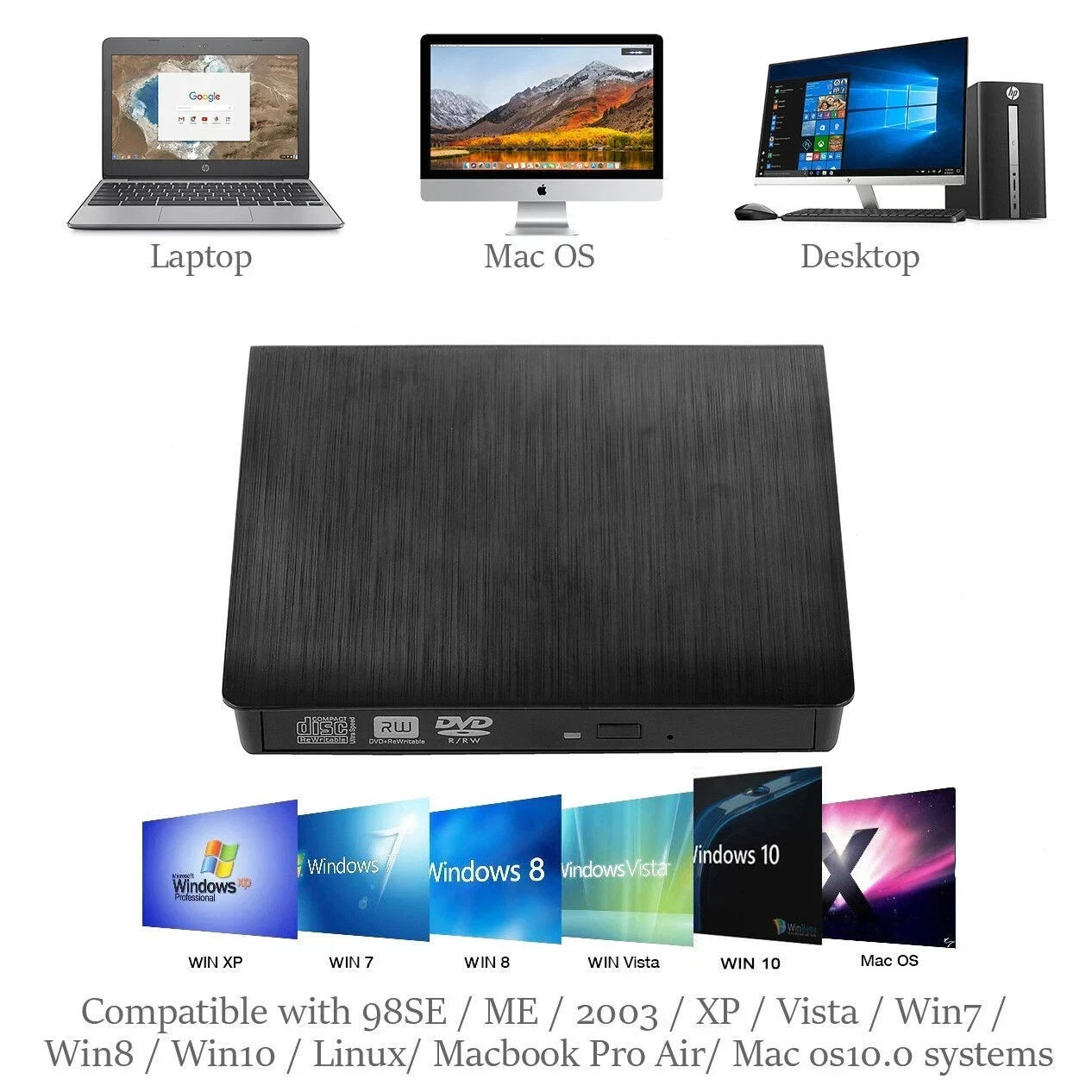 Slim External CD/DVD RW Drive USB 3.0 Writer Burner Player Black For Laptop PC