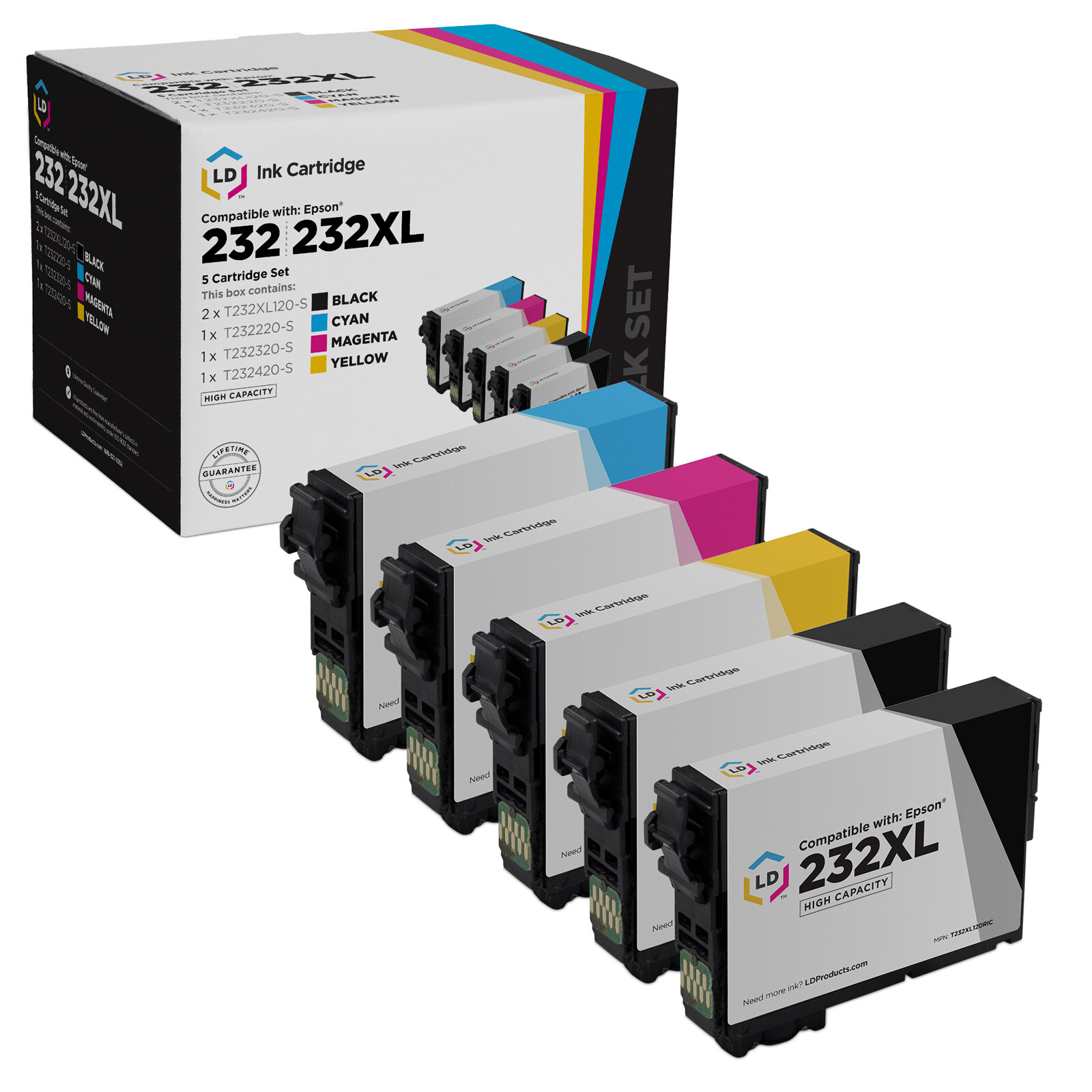 Ink Cartridge Replacements for Epson 232XL 232 HY, SY (2 Bk, C, M, Y, 5-Pack)