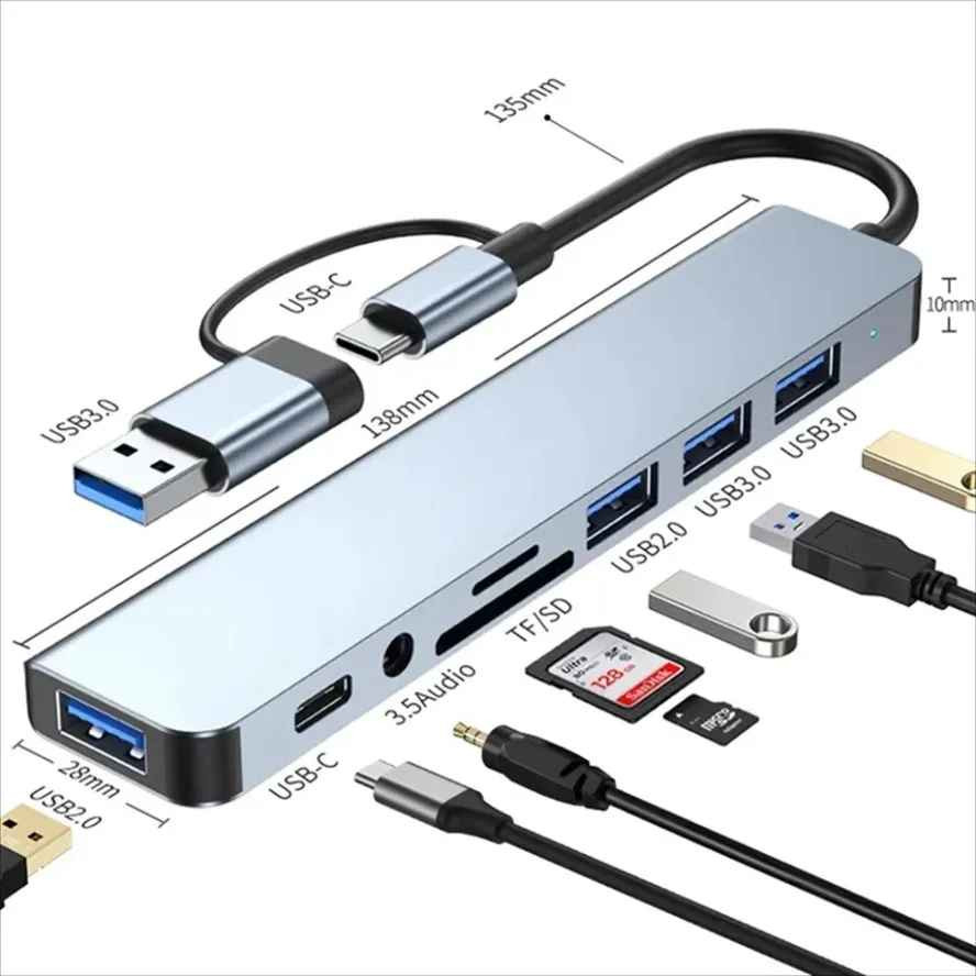 8-in-2 USB C Hub Dock SD TF Card Reader USB 3.0 Splitter Adapter for Laptop PC