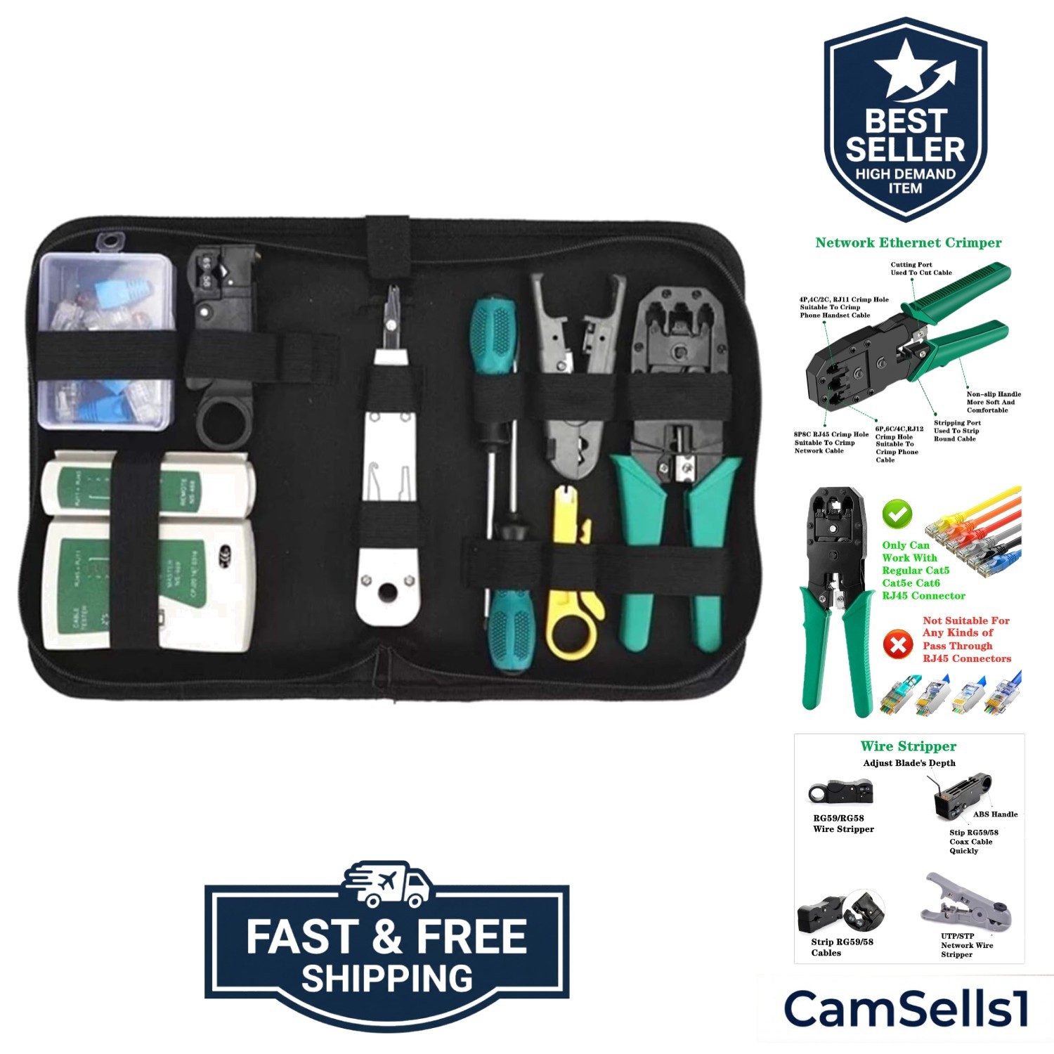 Network Tool Kit for Cat5 Cat5e Cat6, 11 in 1 Portable Ethernet Cable Crimper…
