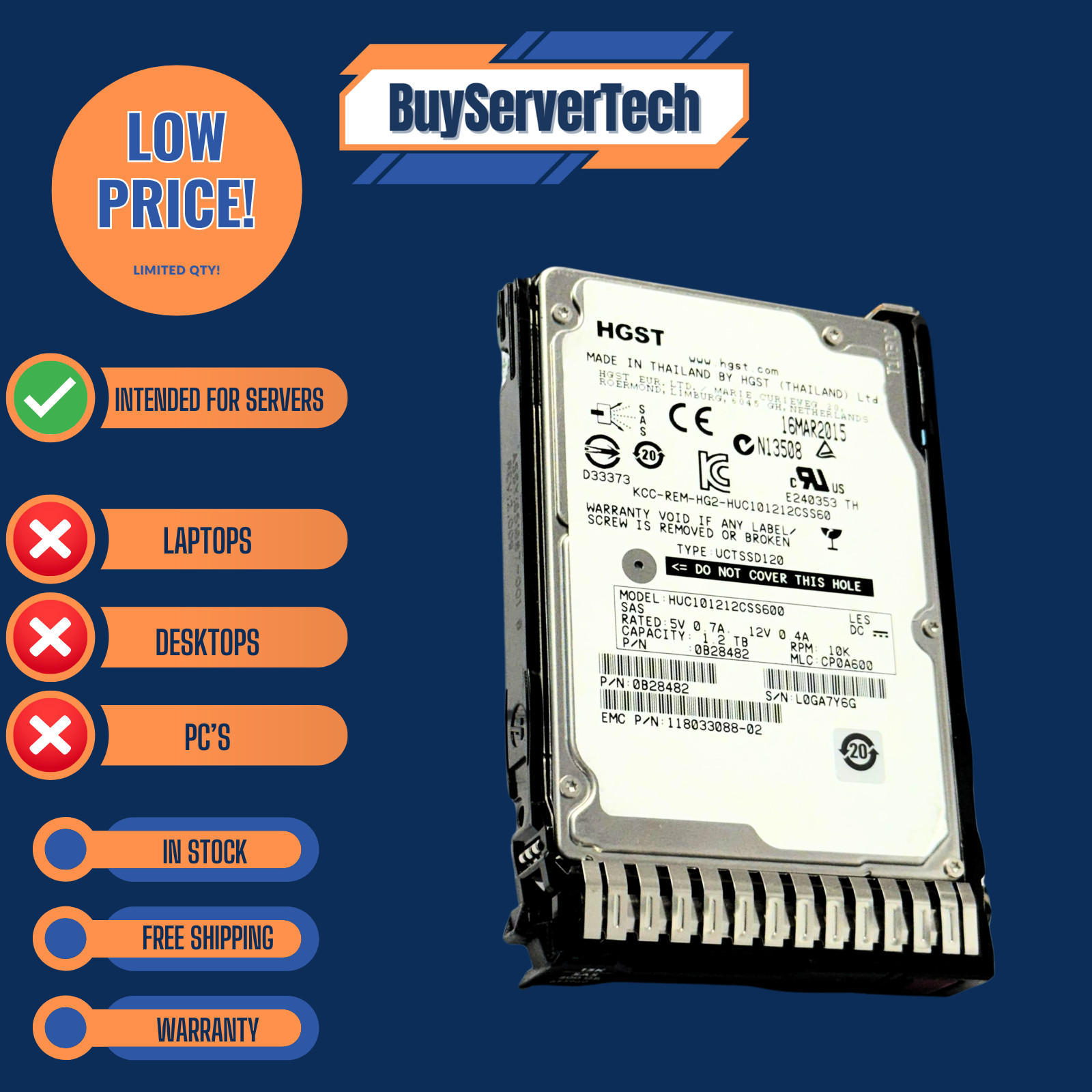 1.2TB 10K SAS 2.5″ HDD 6Gbps | 0 Hours | HP DL360 DL380 G8 G9 G10 | Tray | 1YR