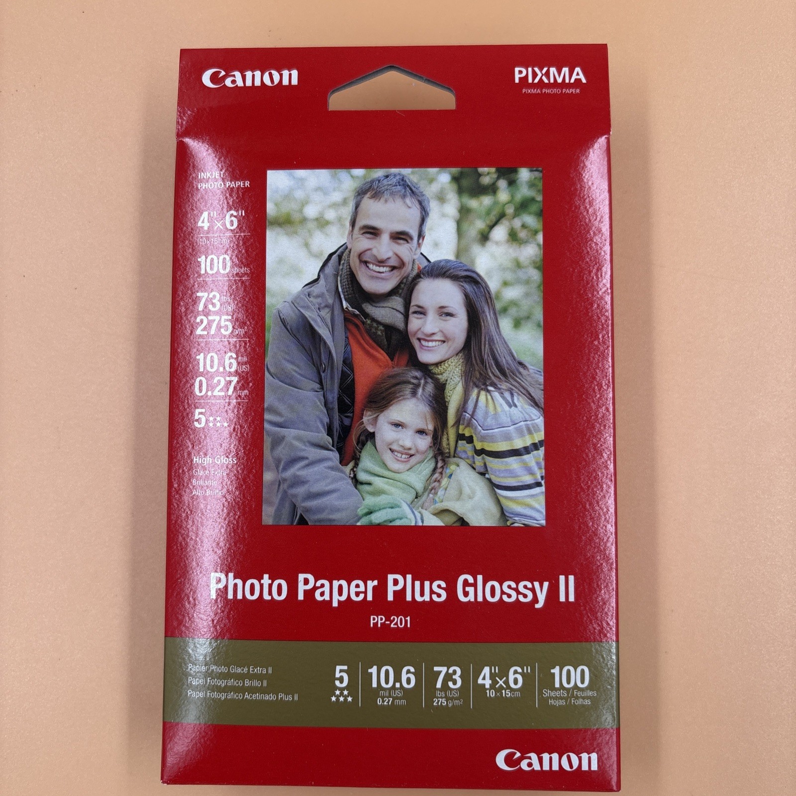 Canon Photo Paper Plus Glossy II, 4 x 6, 10.6 mil, White, 100 Sheets/Pack, PP201
