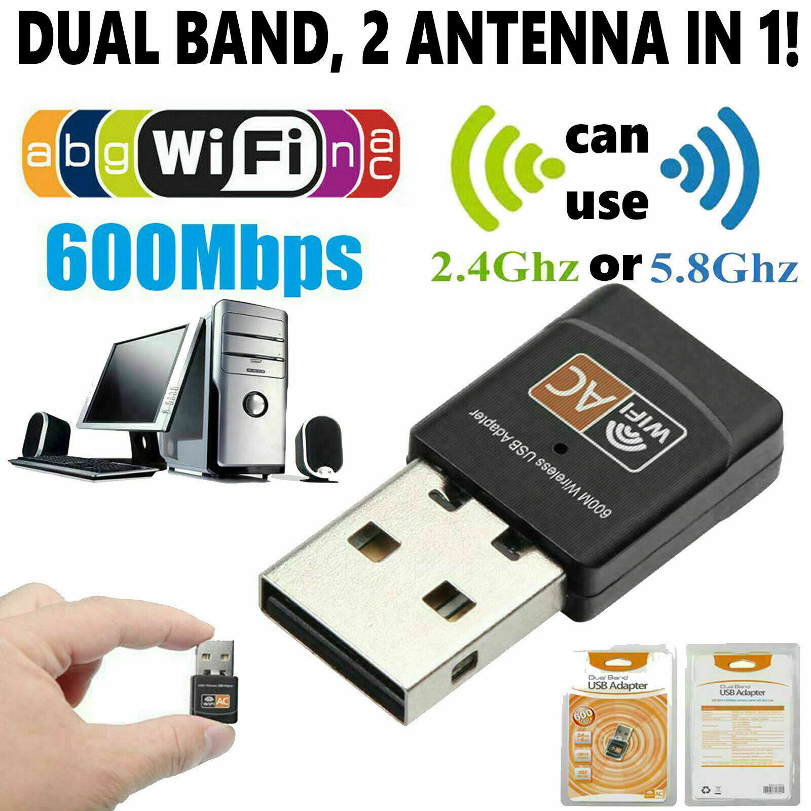 Wireless Lan USB PC WiFi Adapter Network 802.11AC 600Mbps Dual Band 2.4G / 5G #M