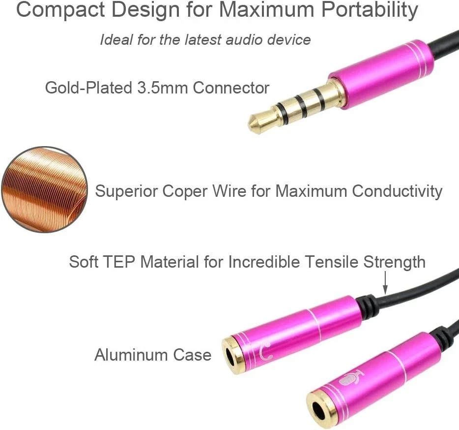 3.5mm AUX Headphone Splitter 1 Male to 2 Female Gold Plated Headphone Cable RR-1