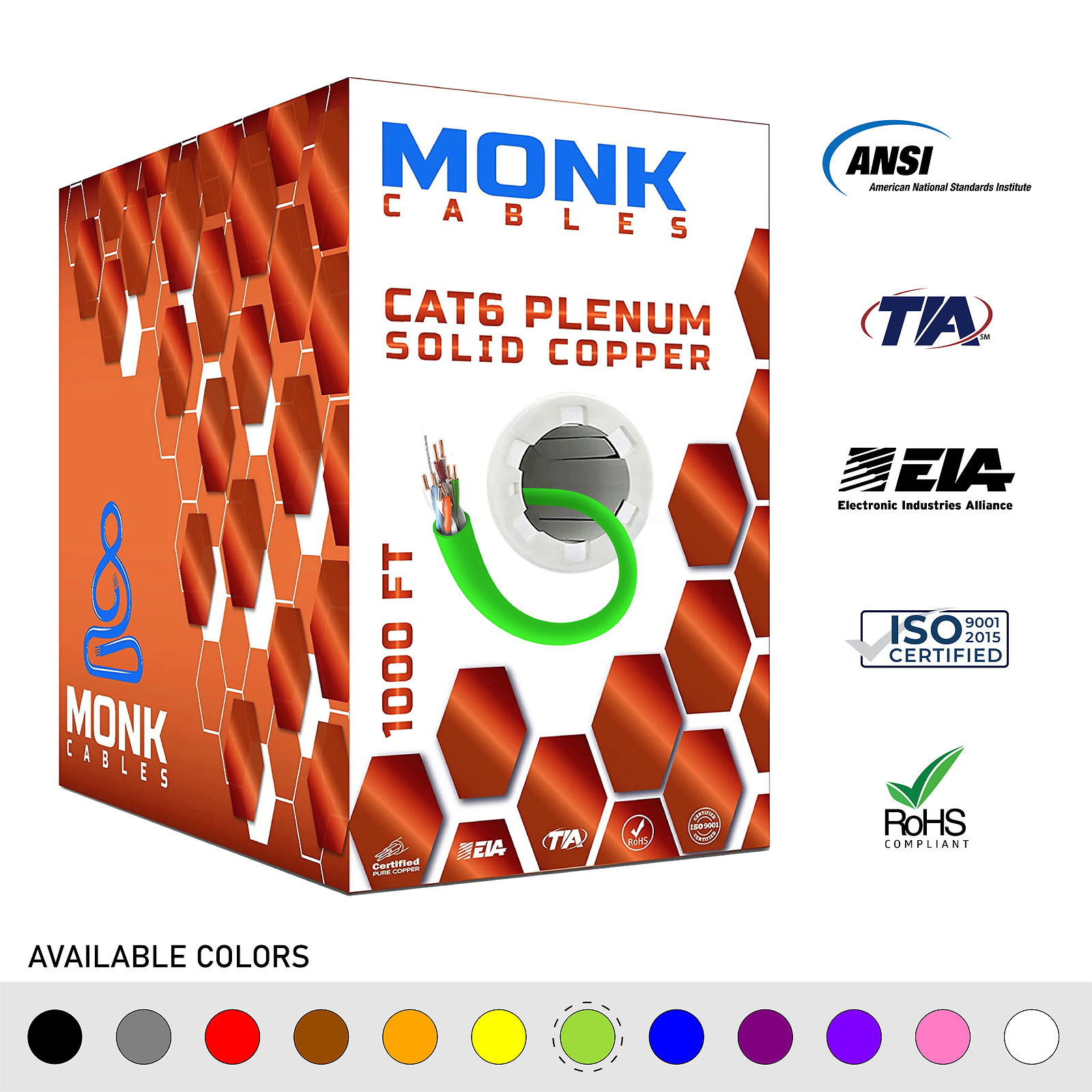 MonkCables Cat6 Plenum Solid Bare Copper 1000ft UTP 550MHz 23AWG Ethernet Green
