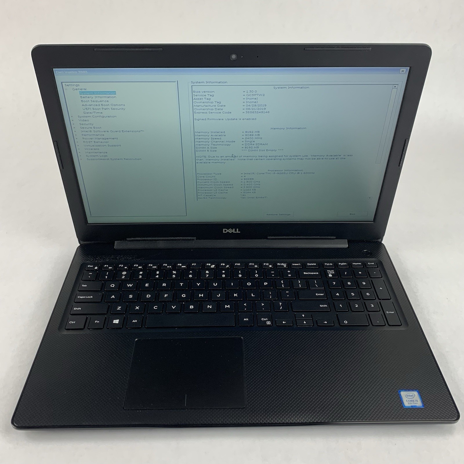 Dell Vostro 3583 15.6″ Laptop I5-8265U 1.60 GHz 8 GB RAM No OS/HDD/AC