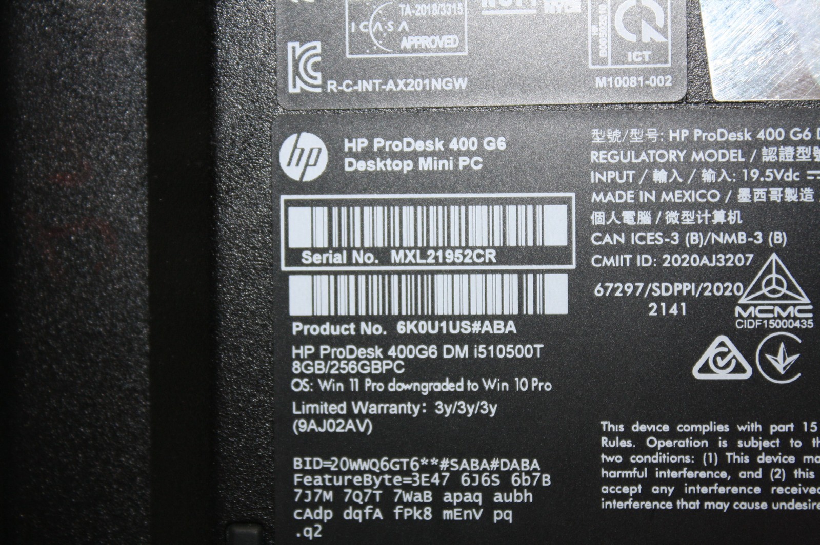 HP ProDesk 400 G6 Mini-PC i5-10500T 2.30GHz RAM 16GB NVMe 256GB