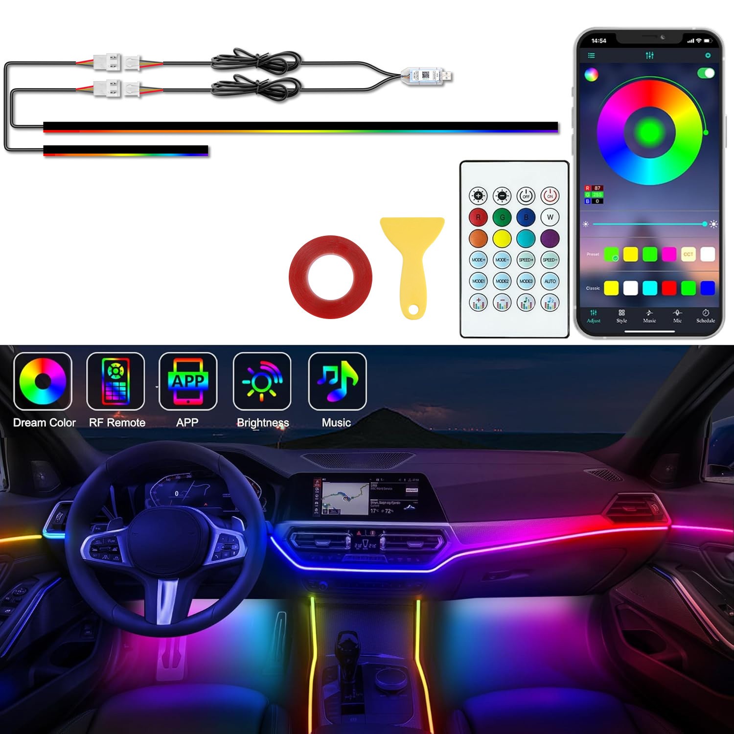 Car Interior Ambient RGB LED Lights, Music Sync,APP Control,Dreamcolor LED Strip