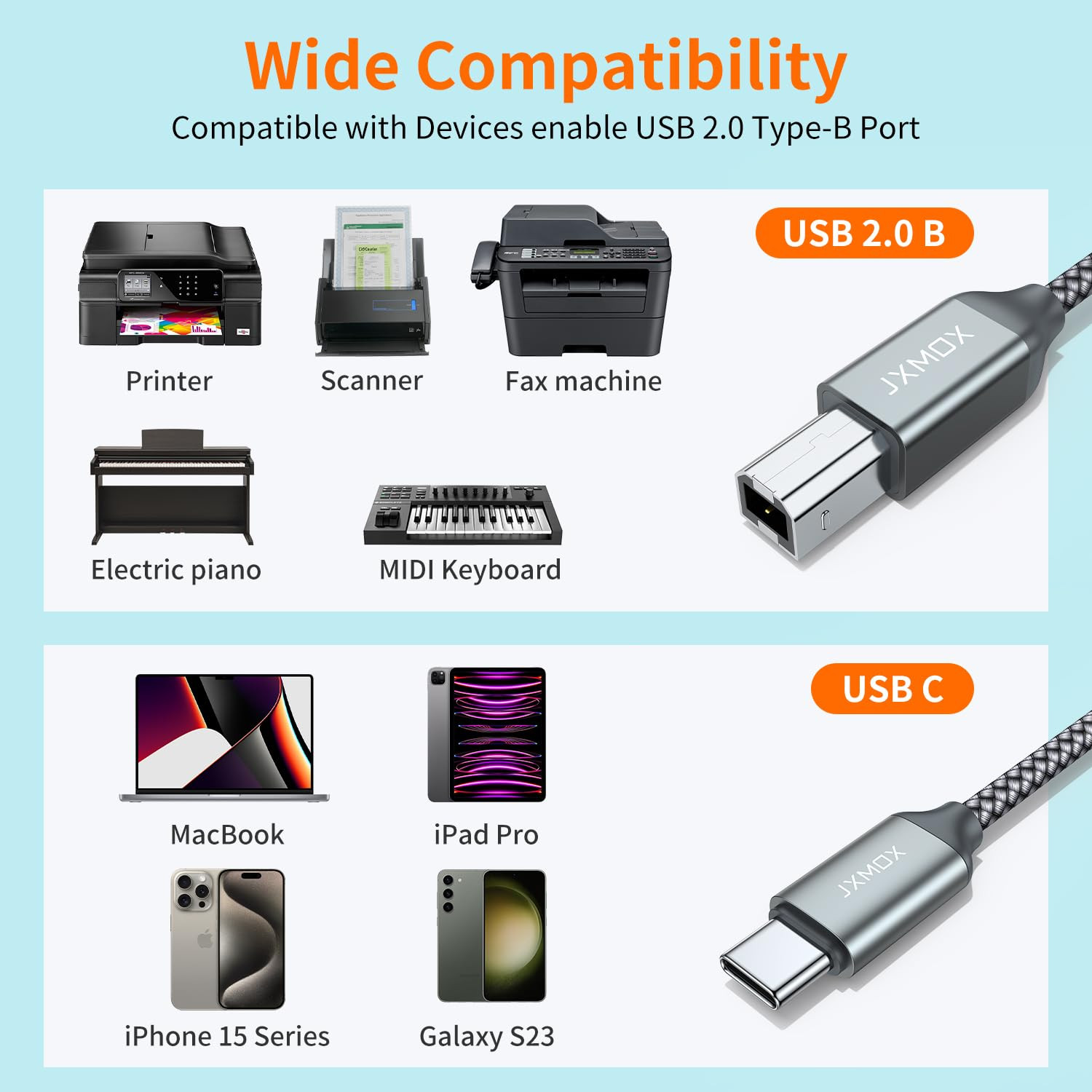 2PK USB B to USB C Printer Cable 6.6FT Nylon Braided for MacBook HP Canon Yamaha