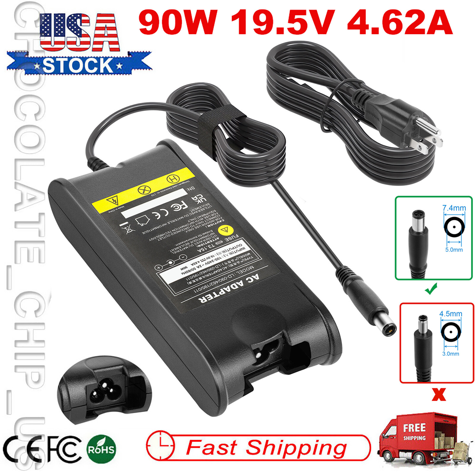 19.5V 4.62A 90W AC Adapter Charger Power Supply for Dell Laptop PA10 PA-12 FAST