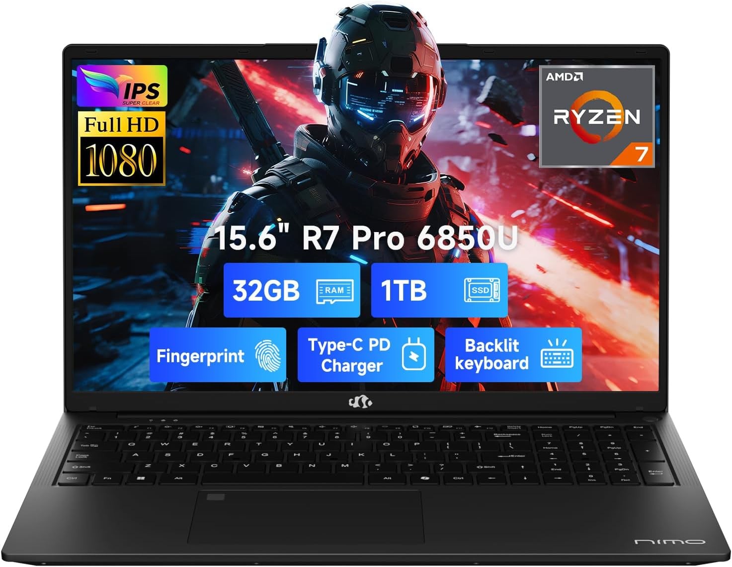 NIMO 15.6″ Light Gaming Laptop 8 Cores AMD Ryzen 7 Pro 6850U 32GB LPDDR5 RAM 1TB