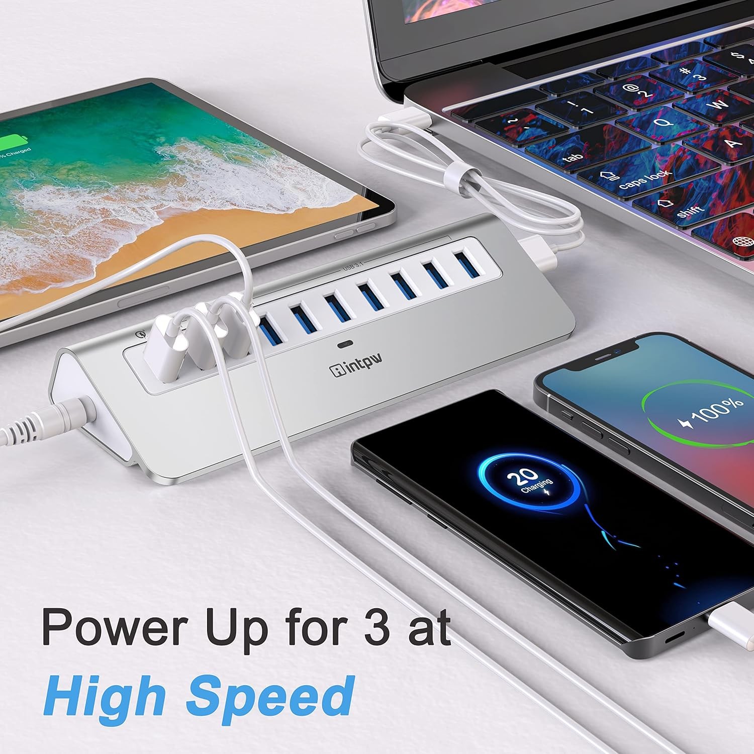 Powered USB Hub 10Gbps, 10 Port USB 3.1 Gen 2 Hub with 7 USB 3.1 Data Ports, 3 F