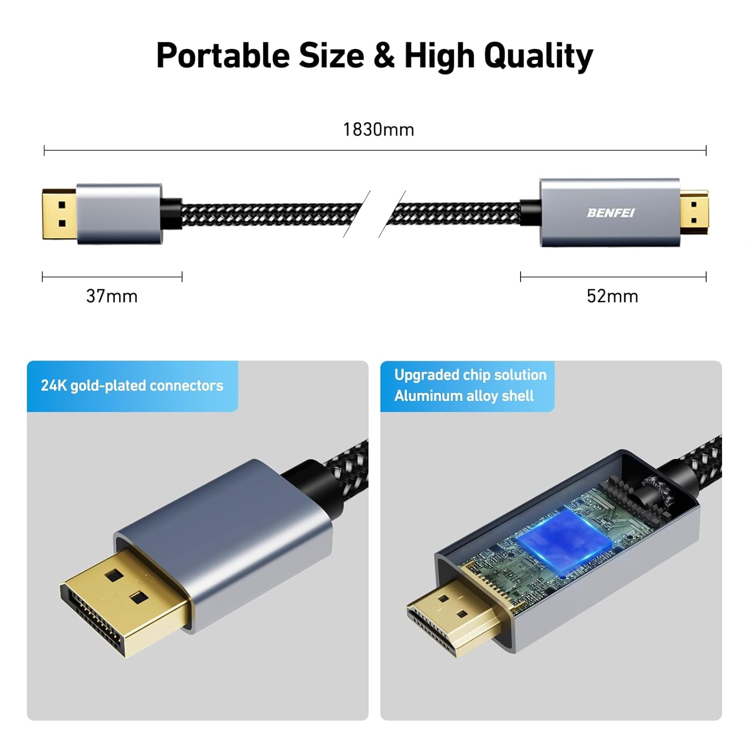 BENFEI 4K DisplayPort to HDMI 6 Feet Cable[Aluminum Shell, Nylon 6 Feet, Grey