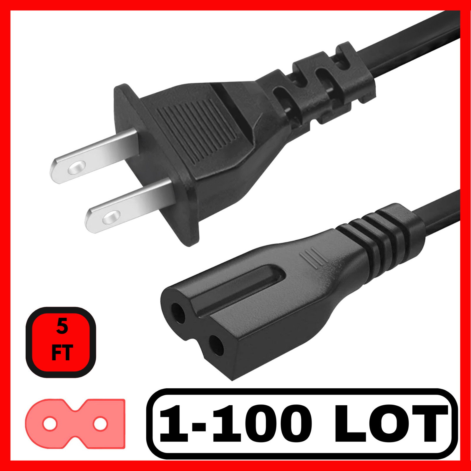 Lot of 1-100 2 Prong AC Polarized Power Cord 125v Cable C7P Connector – 5Ft
