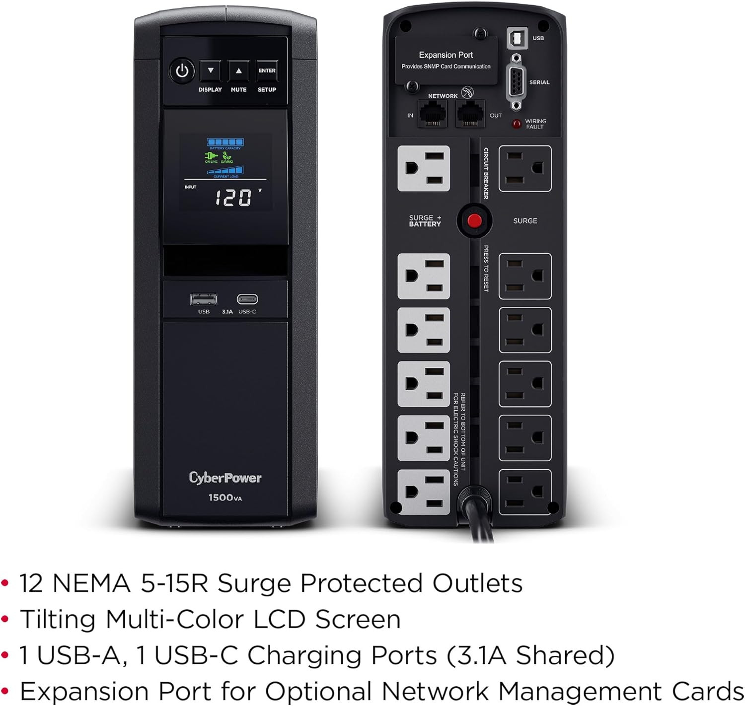 CP1500PFCLCD PFC Sinewave UPS Battery Backup and Surge Protector, 1500VA/1000W,