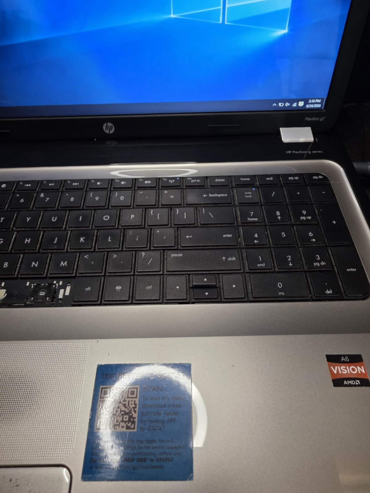 HP Pavilion g7 Windows 10 AMD A6-3420M 4GB RAM 679GB HD No Bat/Cord