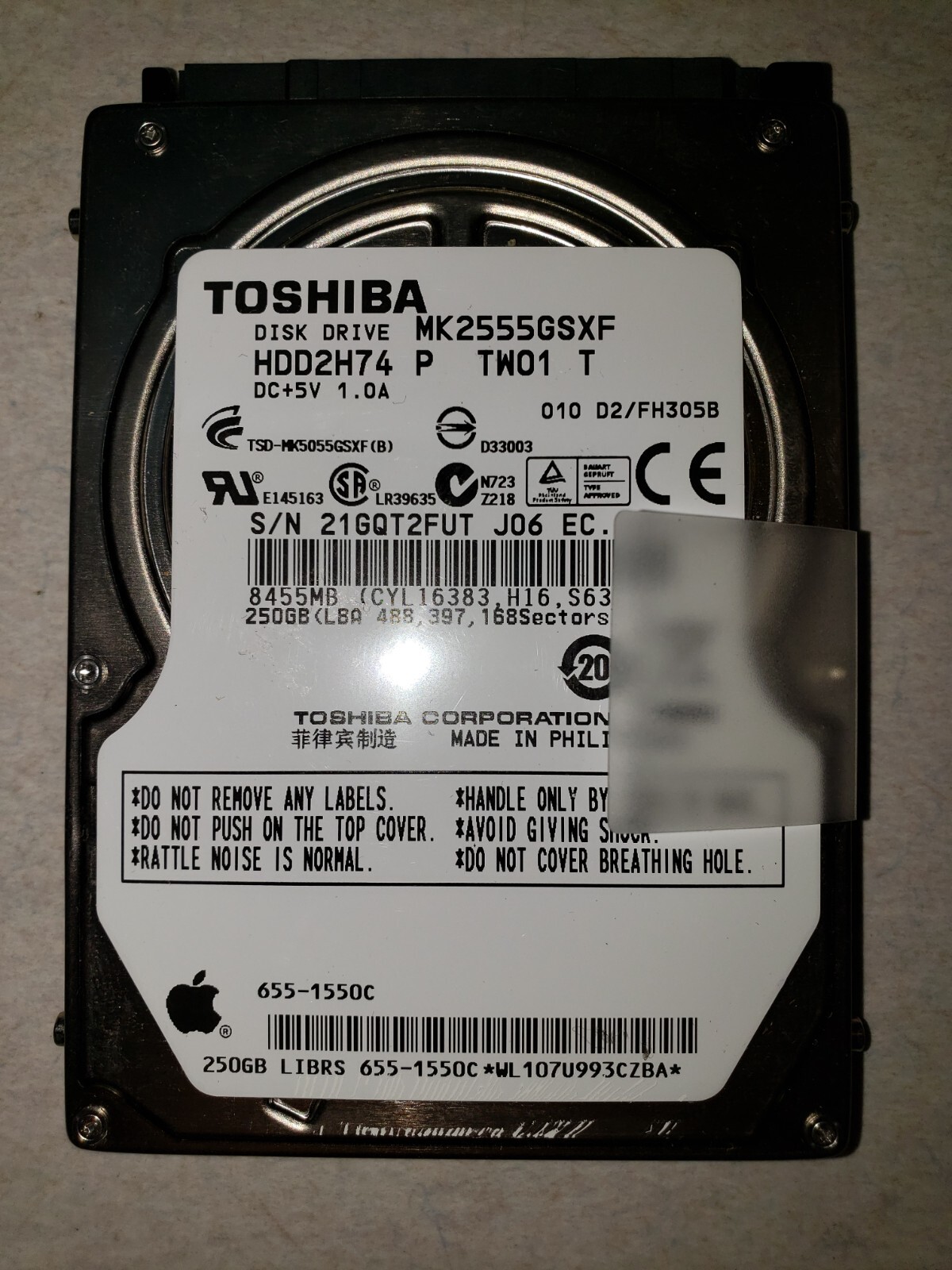 Toshiba 250Gb, MK2555GSXF HDD2H74 P TW01 T Philippines