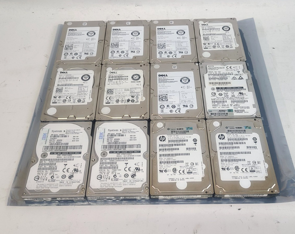 Mixed Lot of 12 Dell HP IBM HPE 300GB 2.5″ SAS Hard Drives