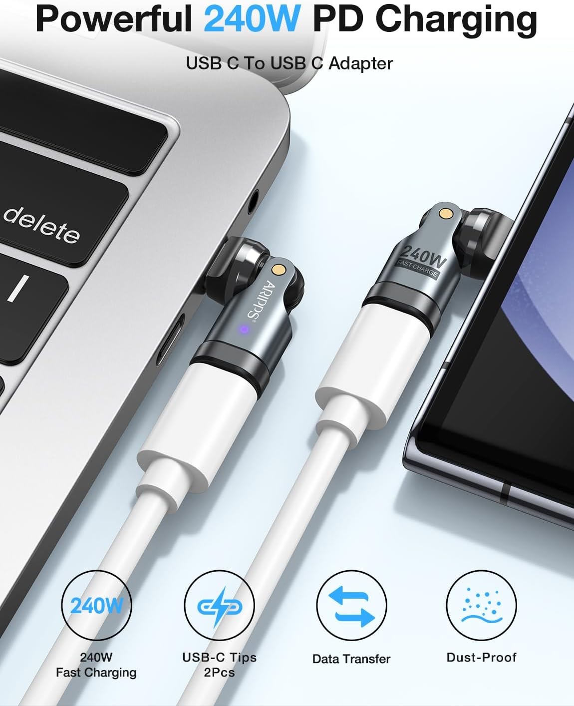 USB-C 90° Right Angle Adapter 2-Pack, PD 240W 180°/360° Type-C Converter
