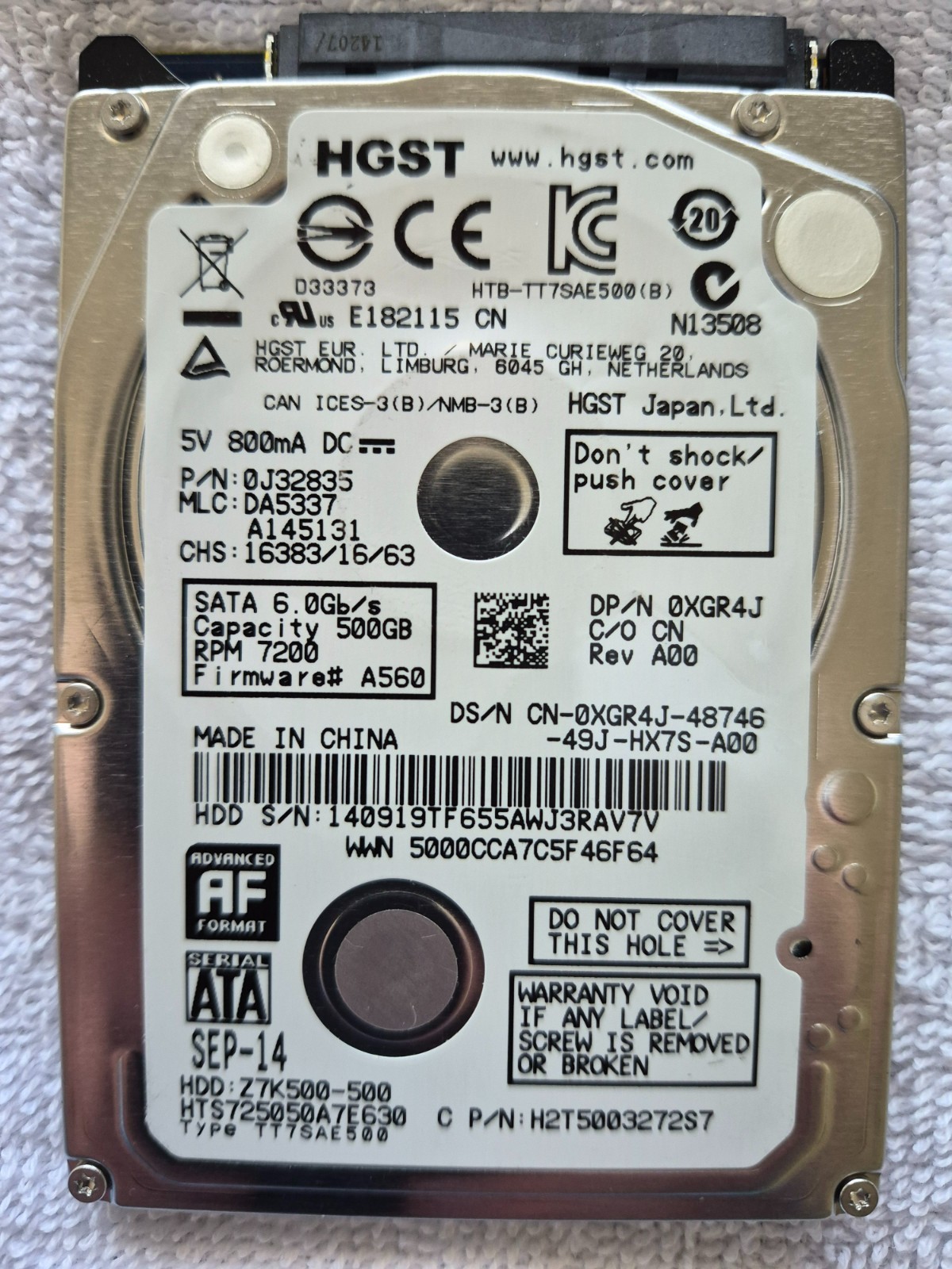 HGST 500GB 7200RPM 2.5″ SATA HDD 0J32835 Tested CDI Good Wiped Working