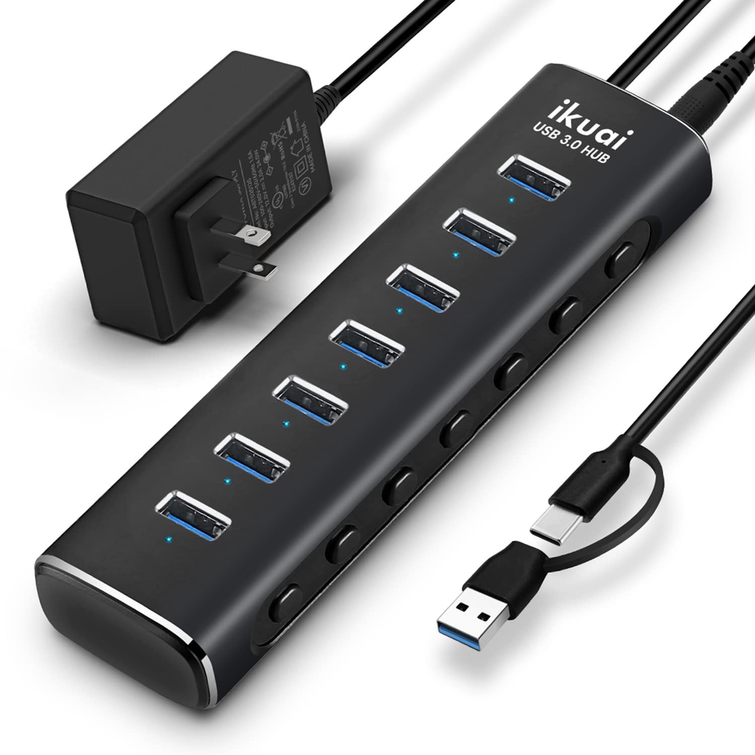 Powered USB 3.0 /USB C Hub, ikuai Aluminium 7-Port USB Hub Splitter with AC A…