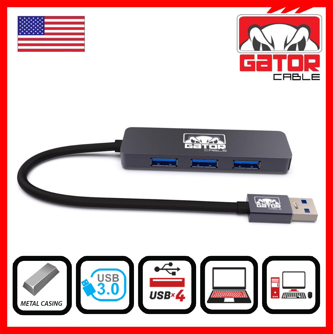 USB 3.0 Hub 4-Port Adapter Expansion Charger Data Sync For PC Mac Laptop Desktop