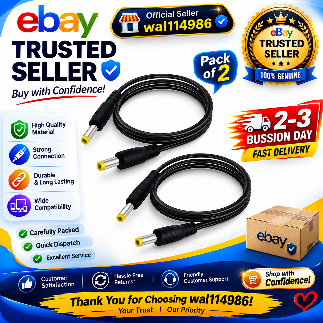 2 PCS 3.3FT 4.0×1.7mm Male To Male 12V DC Power Cord 4017 To 4017 Cable
