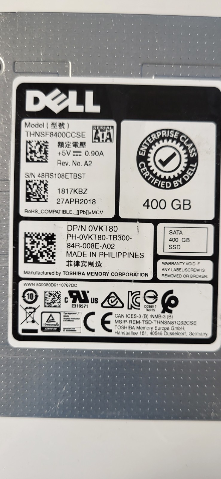 Toshiba Dell 400GB 6Gb/s SATA 2.5″ Enterprise SSD THNSF8400CCSE Health:Good *QTY