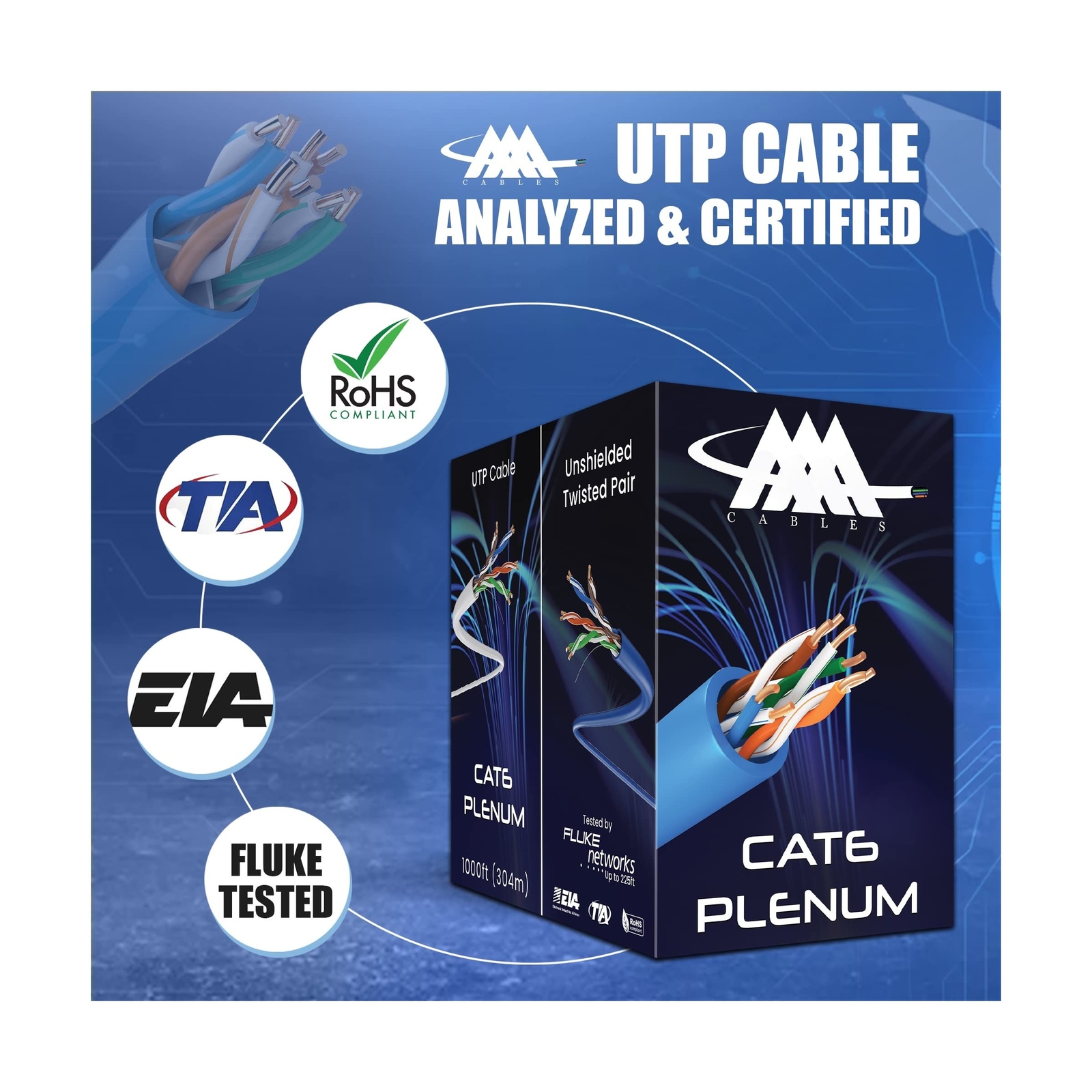 AAA CMP Cat6 Plenum Cable 1000ft | DSX-8000 Tested | 0.58MM Solid Conductor |…