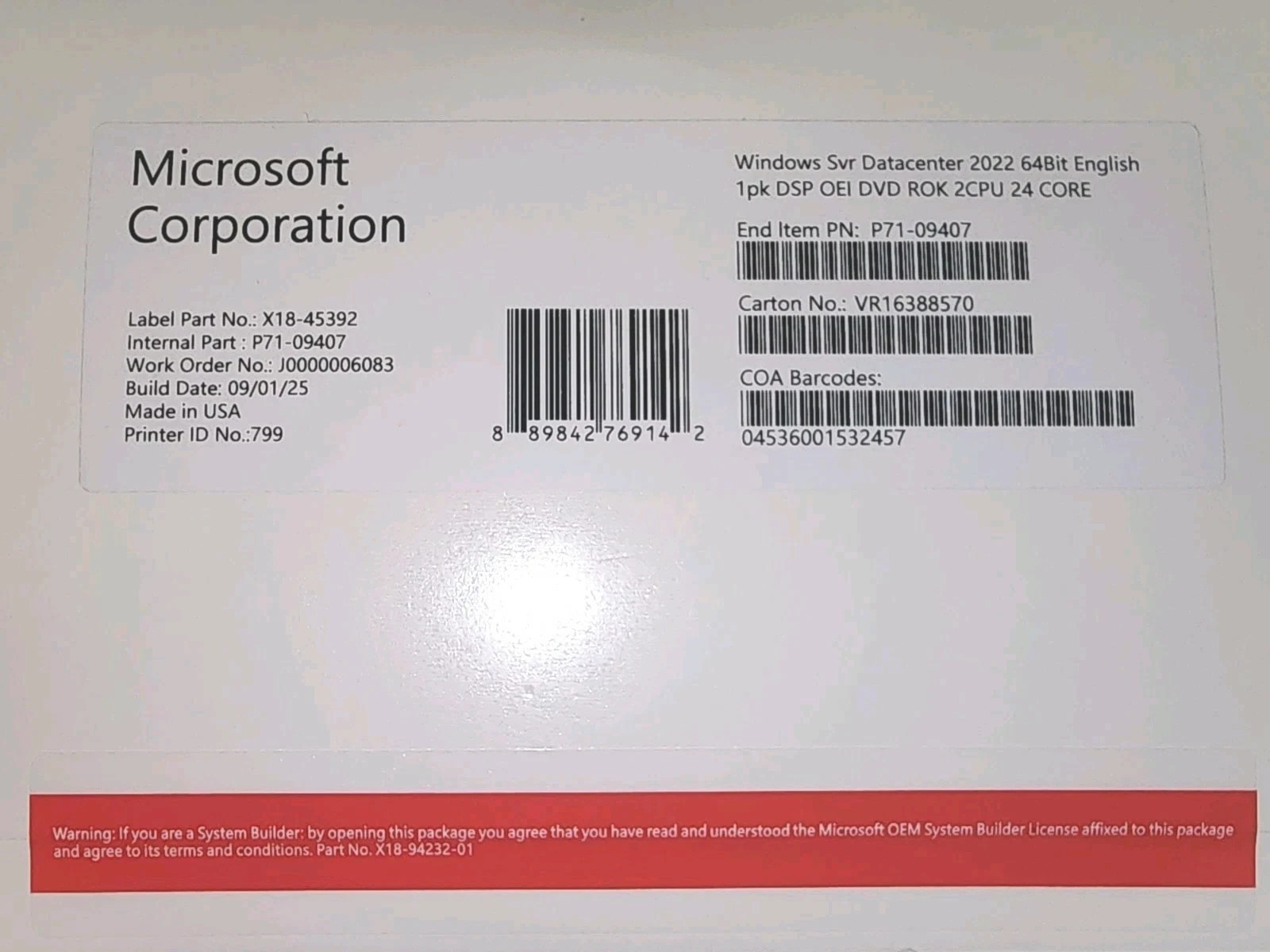 Windows Server 2022 Datacenter – 24 Core Genuine License, OEM Pack, DVD
