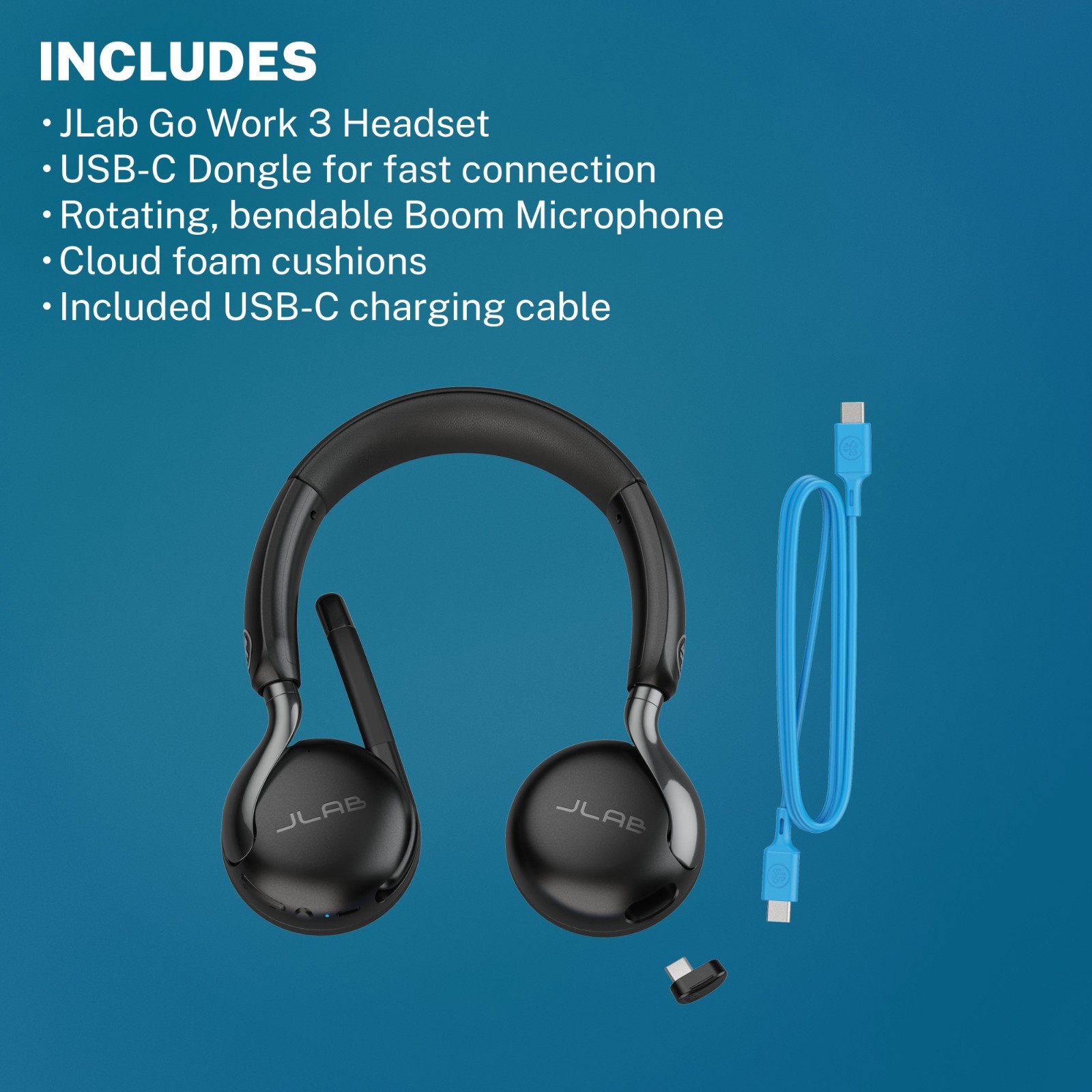 JLab GO Work 3 Wireless On-Ear Headset, Boom Mic, USB Dongle Connection