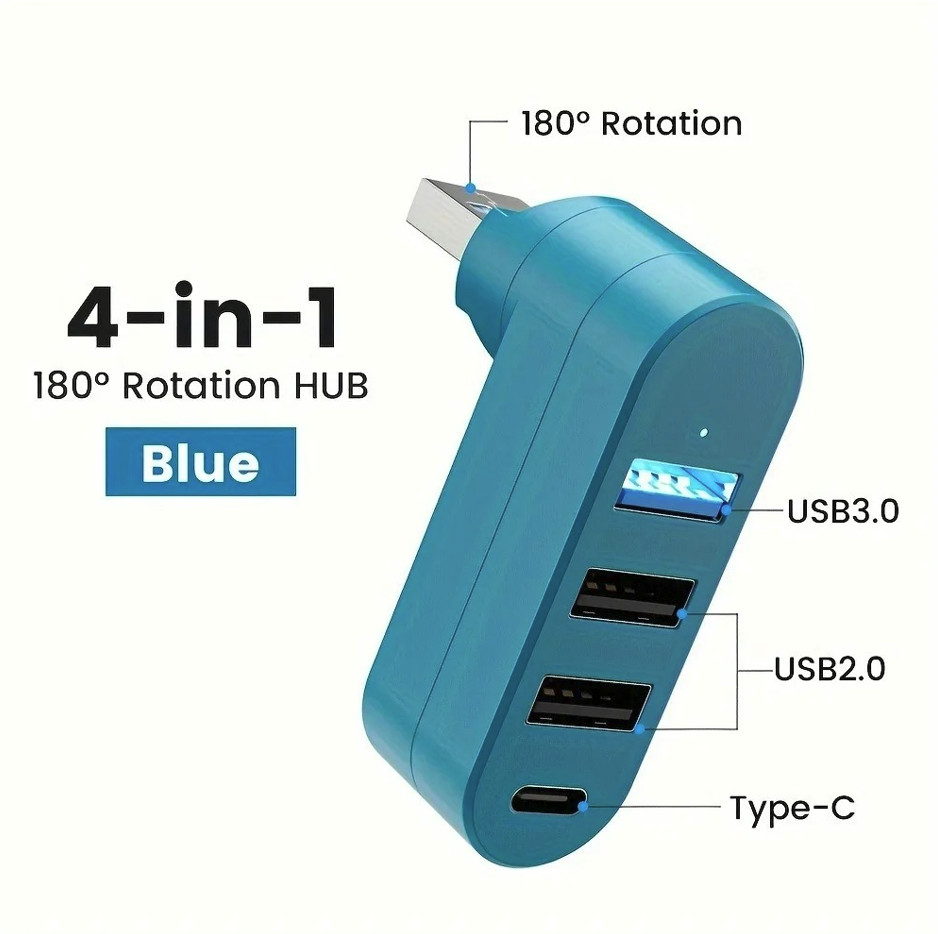 1 pcs USB 3.0/2.0 Hub 4-Port: Rotatable Type-C High Speed Data Splitter Adapter