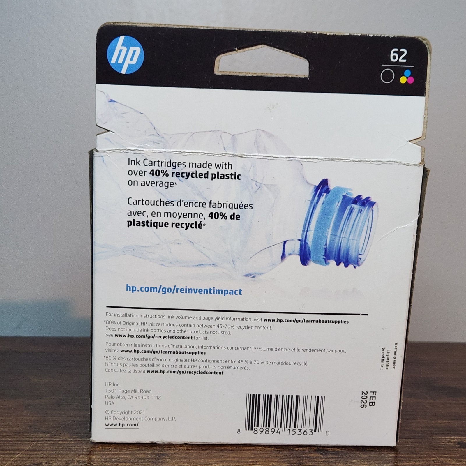 Genuine HP 62 Black & Tri‑Color Ink Cartridge 2‑Pack – Expired 02/2026