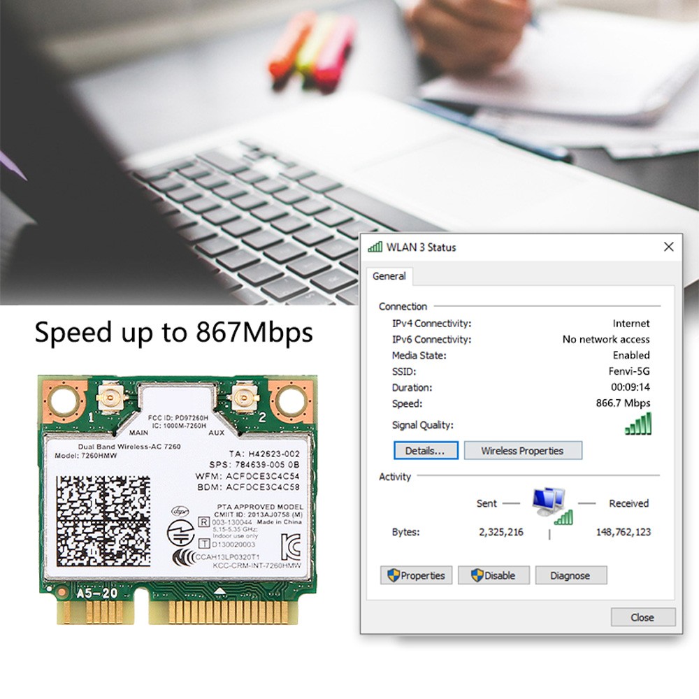 Intel Dual Band Wireless AC7260 WiFi Bluetooth Mini PCIe Wifi Card for PC Laptop