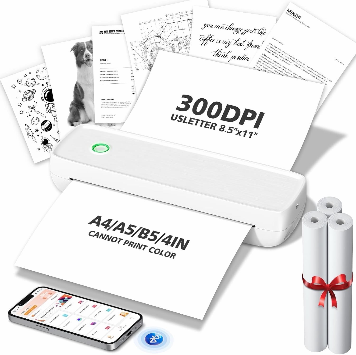 Portable Wireless Thermal Printer Inkless Travel Printer for Letter A4 A5 Paper