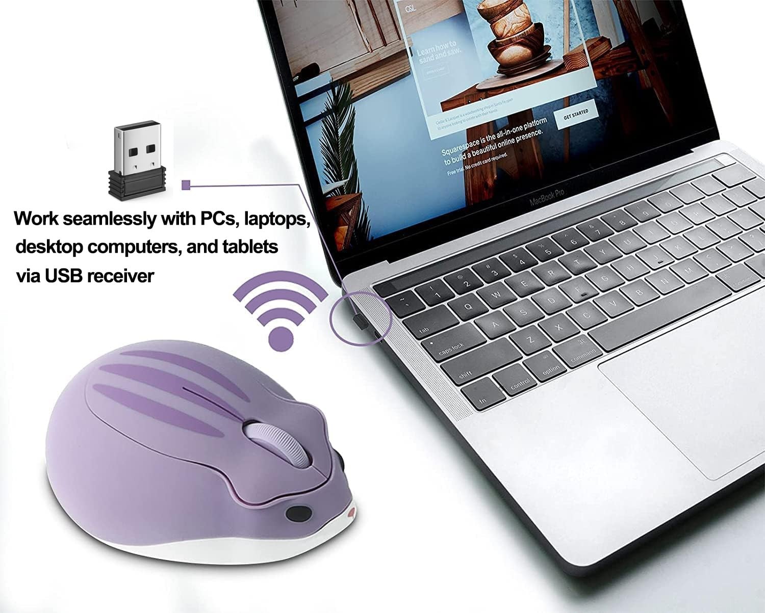 Wireless Mouse Cute Hamster Shape Less Noice Portable One Size, Pale Purple
